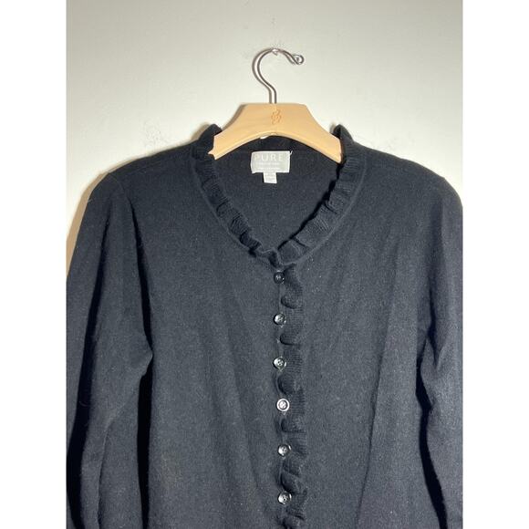 Pure Collection Women's EUC Black 100% Cashmere Ruffle Cardigan Sweater 14/16 US - Picture 2 of 6